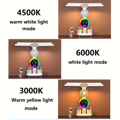 LED Desk Lamp with Built-in Fan & Touch Control | Dual Head Adjustable | USB Charging | 3 Color Modes Dimmable | Smart Display Clock | Eye-Caring Reading Lamp for Home Office Dorm Study