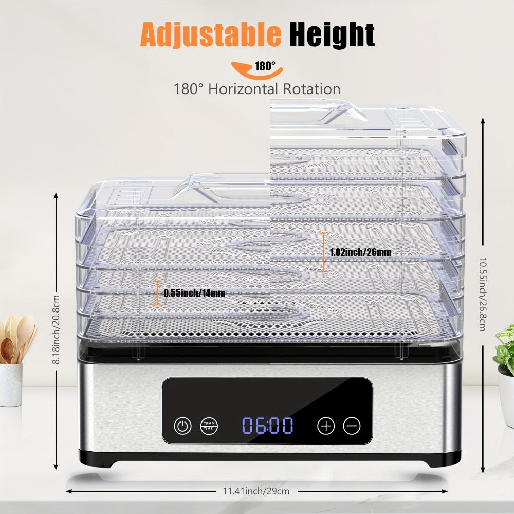 Food Dehydrator Machine 5 Stainless Steel Trays 420W with 48-Hour Timer Temperature Control 95-160°F 360° Airflow BPA-Free Dehydrator for Jerky Herbs Meat Fruit Mushrooms with Recipe Book