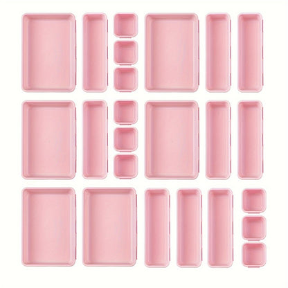 Drawer Organizer Set 24 Pieces Plastic Drawer Dividers Storage Bins for Makeup Bathroom Desk Dresser Kitchen Junk Drawer, Customizable Compartment Organizer Trays for Home Office, Black Pink