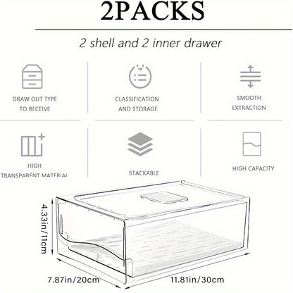 Stackable Fridge Organizer Bins with Drain Board 2 Pack, BPA-Free Refrigerator Drawer Organizer for Produce Fruit Vegetable, Reusable Food Storage Containers for Kitchen