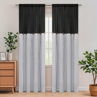 Semi Sheer Curtains Bohemian Linen Cotton Patchwork Grommet Top Window Drapes for Bedroom Living Room Kitchen Bathroom Cafe - Boho Country Cottage Style 4 Seasons 1 or 2 Panels