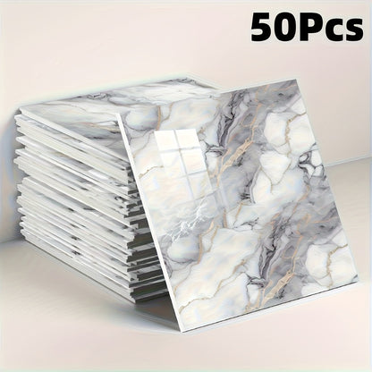 Peel and Stick Wall Tile Stickers Marble Pattern Self-Adhesive Waterproof Glossy Wallpaper 50/100Pcs for Kitchen Bathroom Living Room Home Decor