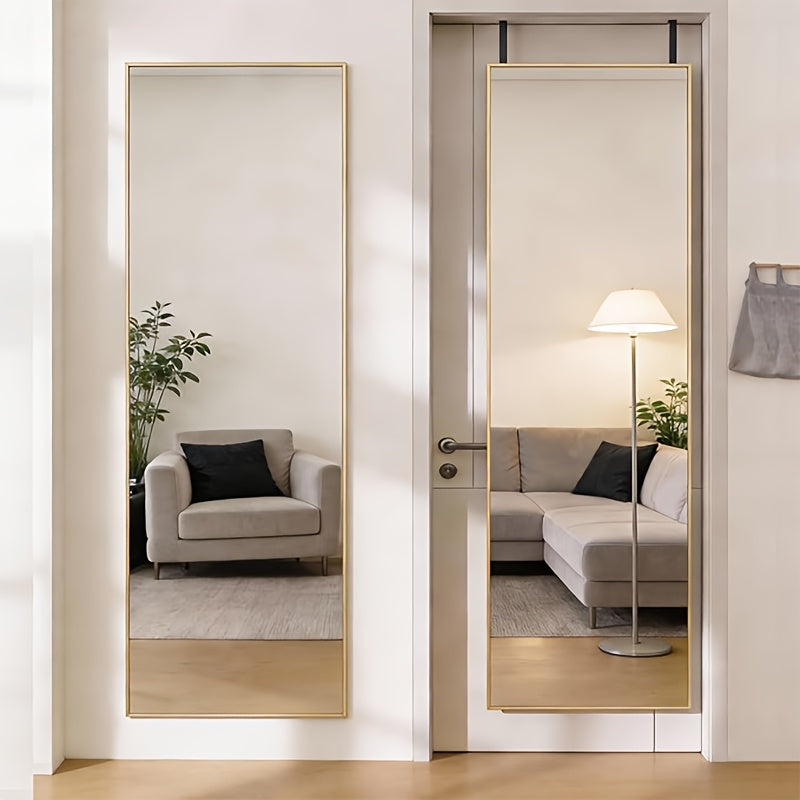 Full Length Mirror 47x14 – Over the Door or Wall Mounted Hanging Mirror, Aluminum Alloy Frame, Full Body Dressing Mirror for Bedroom, Living Room & Entryway, Arched & Rectangular, Black & Gold