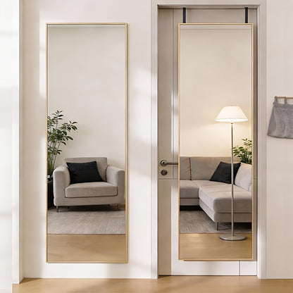 Full Length Mirror 47x14 – Over the Door or Wall Mounted Hanging Mirror, Aluminum Alloy Frame, Full Body Dressing Mirror for Bedroom, Living Room & Entryway, Arched & Rectangular, Black & Gold