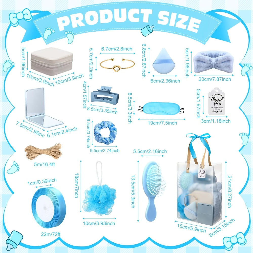Party Favor Gift Set 74pcs – Headbands, Hair Brushes, Bracelets, Mirrors, Powder Puffs, Hair Ties, Clips, Bath Sponges & Jewelry Boxes with Gift Bags for Bridal Shower, Wedding, Christmas & Events (Pink/Blue)