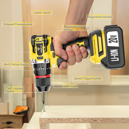 20V Brushless Power Tool Combo Kit | 4-Tool Cordless Set with Impact Wrench, Hammer Drill, Angle Grinder & Electric Drill – 3 Batteries Included for Home Renovation & Construction