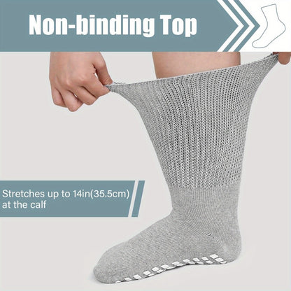 Anti-Slip Wide Socks for Swollen Feet 3 Pairs Grippy Sole Diabetic Non-Binding Breathable Edema Socks Reinforced Toe Heel Black White Grey Size 9-13 13-15