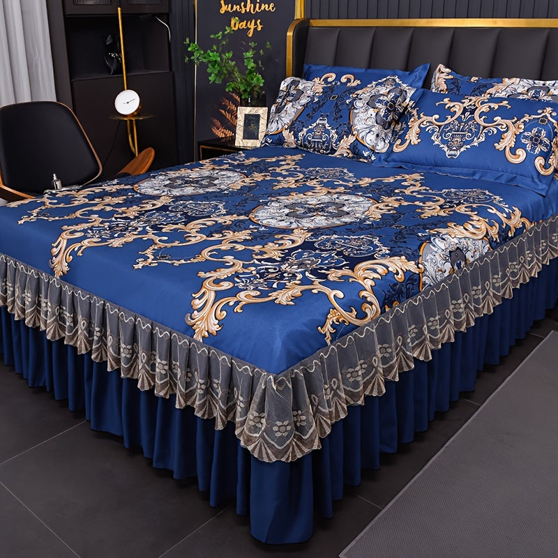 Floral Ruffle Bed Skirt Cool Mat 3 Piece Set with Pillowcase, Double Layer 360° Full Wrap Washable Cooling Mattress Cover, Breathable Summer Bedding Set for Twin Full Queen King, Parisian Romantic Floral