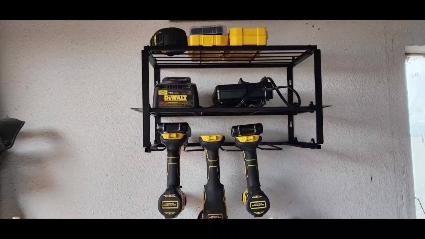 Power Drill Holder Wall Mount – Heavy Duty Tool Storage Rack with 3/4 Layer Floating Shelf | Cordless Drill Organizer | 4/6/8 Drill Holders Workshop Tool Rack for Garage & Workshop Organization