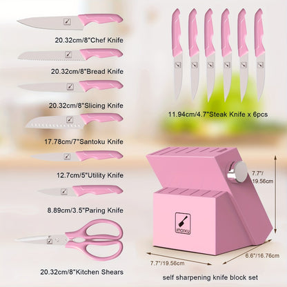 Knife Block Set 14 Piece Pink – Japanese Stainless Steel Kitchen Knife Set with Built-in Sharpener, Non-Slip Ergonomic Handles, Dishwasher Safe, Perfect Holiday & Housewarming Gift for Women