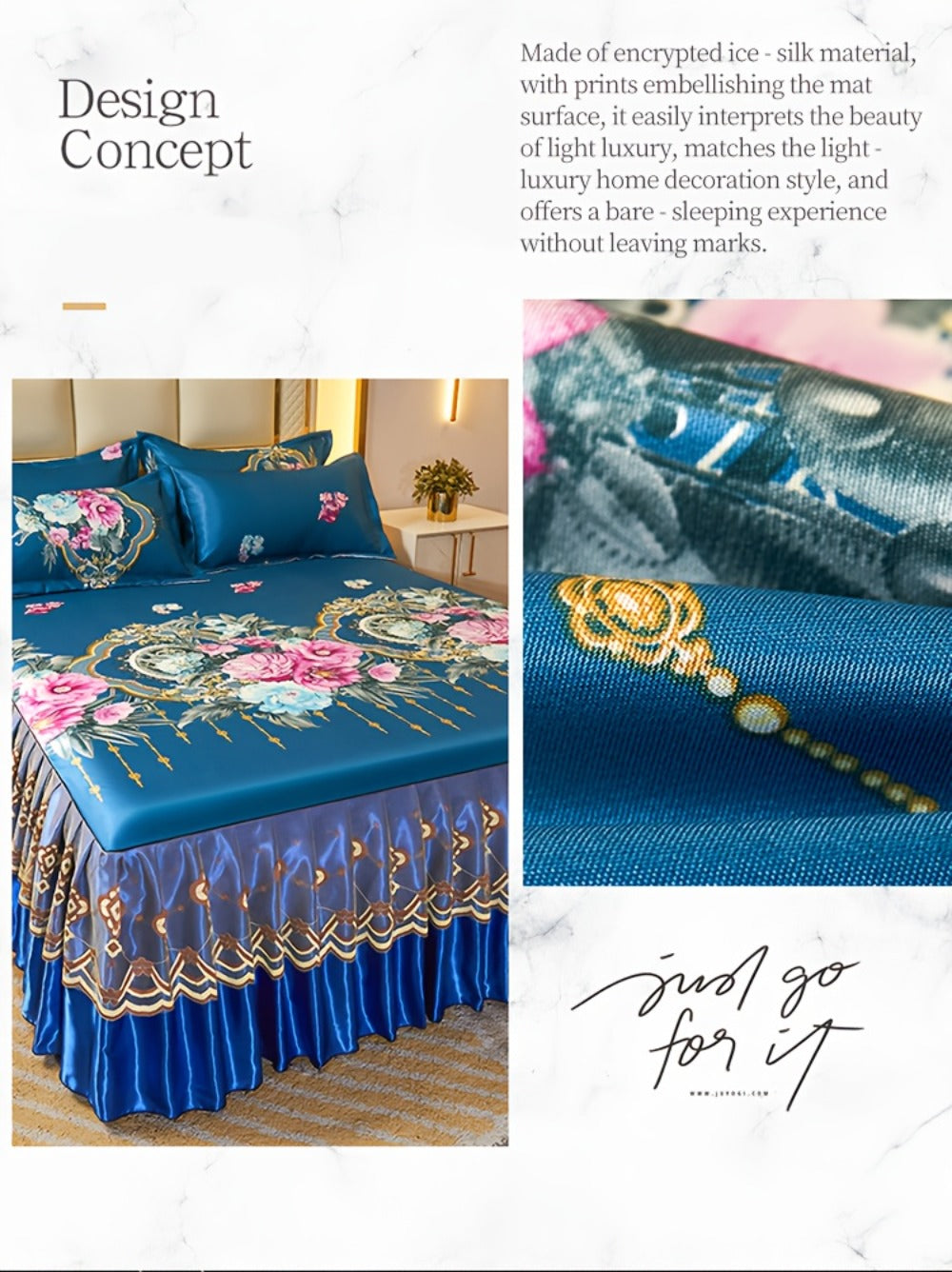 Floral Ruffle Bed Skirt Cool Mat 3 Piece Set with Pillowcase, Double Layer 360° Full Wrap Washable Cooling Mattress Cover, Breathable Summer Bedding Set for Twin Full Queen King, Parisian Romantic Floral