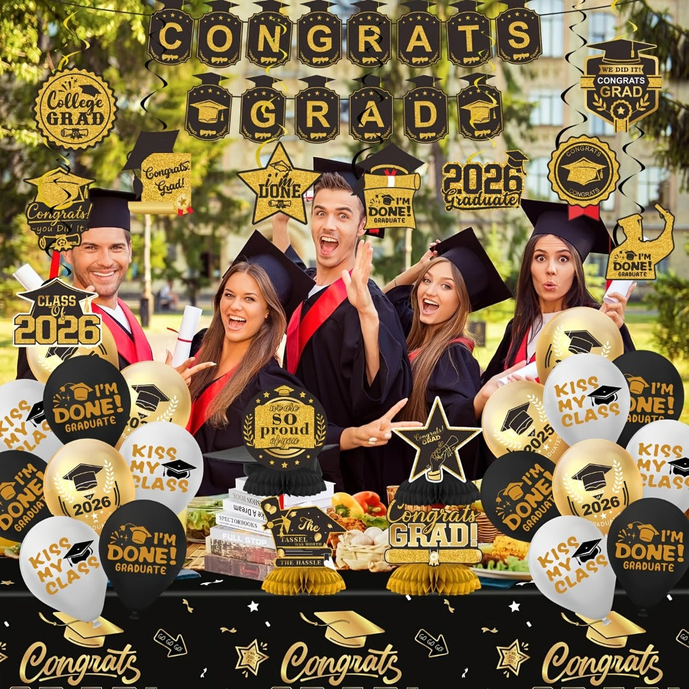 2026 Graduation Decorations Set – Congrats Grad Banner, Backdrop, Hanging Swirls & Honeycomb Table Toppers, Class of 2026 Party Supplies Kit