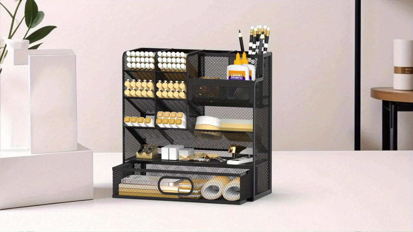 Mesh Desk Organizer with Drawer – Multifunctional Desktop Pen Holder & Office Supply Organizer for Home Office, School & Art Studio – Pencil Cup Caddy with Storage Compartments, Multiple Colors Available