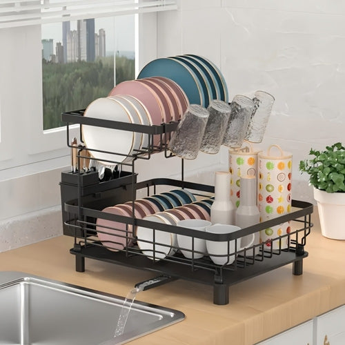 Dish Drying Rack 2-Tier Large Capacity Stainless Steel Detachable Dish Drainer for Kitchen Counter with Utensil Holder and Drain Board in Black White Gray