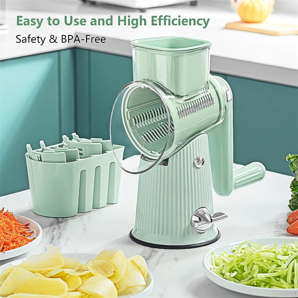 Rotary Cheese Grater with Interchangeable Blades – 5-in-1 Manual Vegetable Slicer Shredder Set, Suction Cup Base, Easy to Clean, Multifunctional Kitchen Tool for Fruits, Vegetables & Nuts