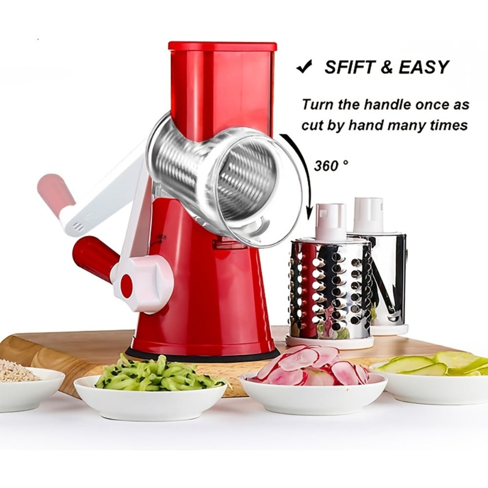 Rotary Cheese Grater with Hand Crank – 3 Interchangeable Blades for Cheese, Vegetables & Nuts, Non-Slip Suction Base, Includes Cleaning Brush – Manual Cheese Shredder for Kitchen (6 Colors)
