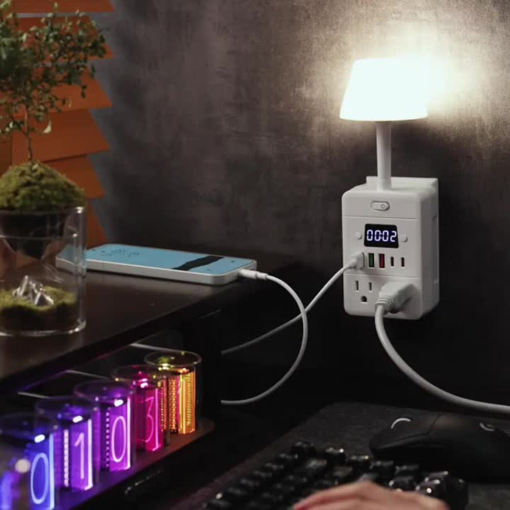Power Strip Extender with Digital Clock & Desk Lamp – 4 AC Outlets, 3 USB & 2 Type-C Ports, One-Touch On/Off, Overload Protector | Multi-Function Surge Protector for Home, Office, Dorm & School