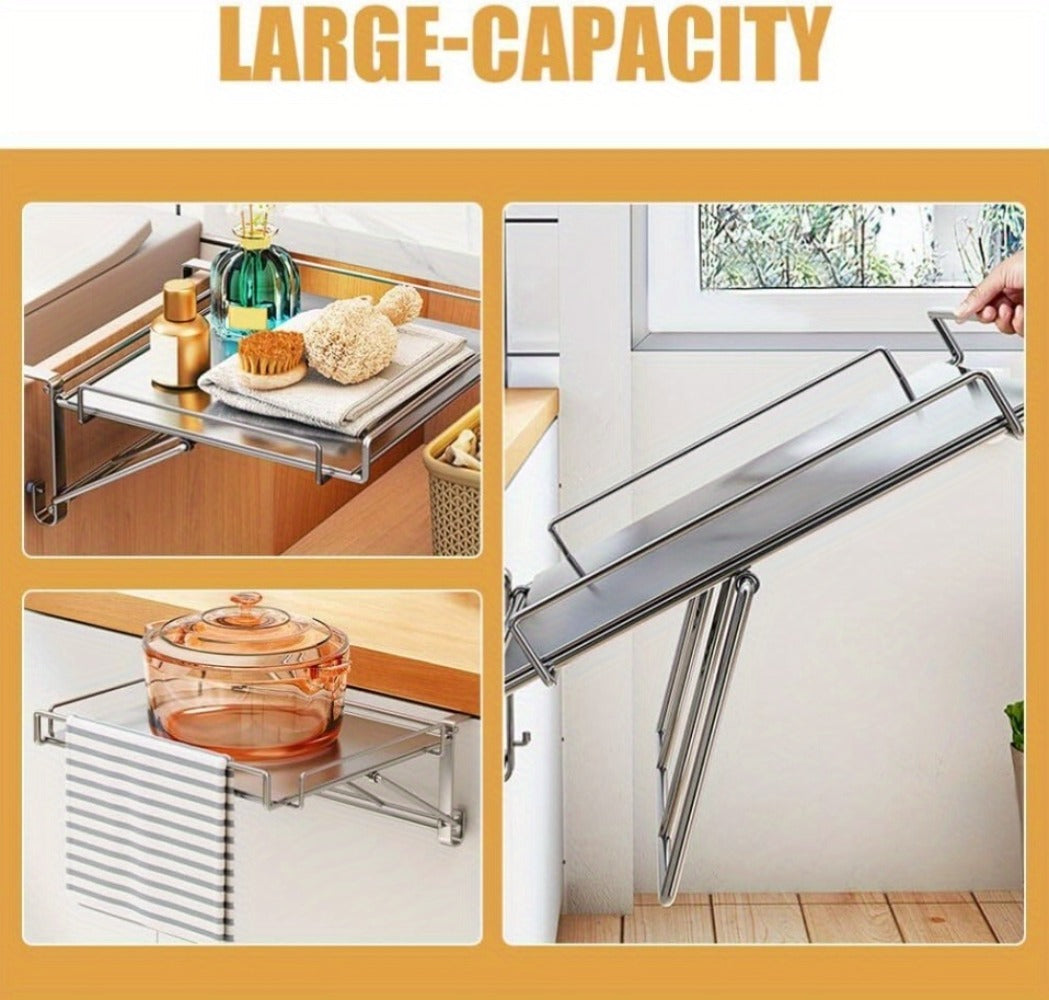 Foldable Stainless Steel Kitchen Storage Rack – Cabinet Door Organizer & Countertop Shelf for Kitchen, Bathroom & Pantry | Space-Saving Multi-Use Hanging Rack