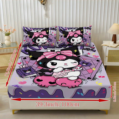 Sanrio Hello Kitty & Kuromi Bedding Set 3pcs – Fitted Sheet & Pillowcases, Soft Polyester, Machine Washable, Twin Full Queen King, All-Season Bedroom Decor for Kids Girls Home Guest Room