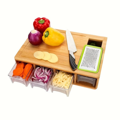 Bamboo Cutting Board with Drawer & Food Container Juice Tank Cheese Shredder Carving Board with Easy Handgrip for Vegetables, Meat & Cheese – Kitchen Chopping Board with Storage