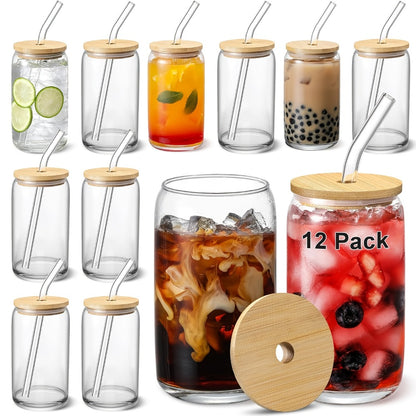 Glass Coffee Mug with Bamboo Lid & Straw | Iced Coffee Glass Cup Set, Mason Jar Mug, Reusable Drinking Glasses, Holiday Gift