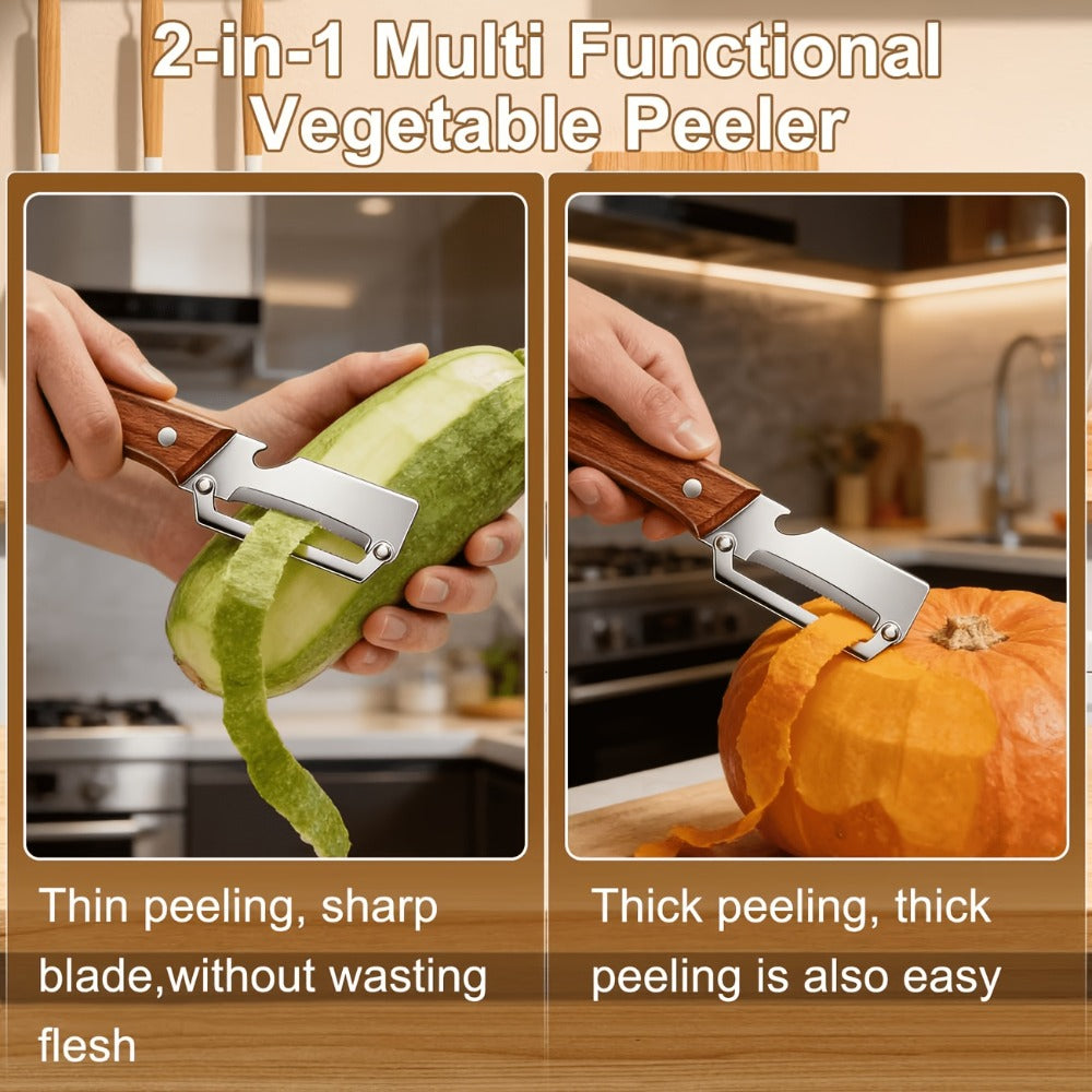 Stainless Steel Vegetable Peeler Set 2pcs – Multi-functional Kitchen Peeler with Scallion Cutter, Straight Blade, Wooden Handle & Bottle Opener