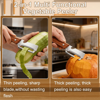 Stainless Steel Vegetable Peeler Set 2pcs – Multi-functional Kitchen Peeler with Scallion Cutter, Straight Blade, Wooden Handle & Bottle Opener