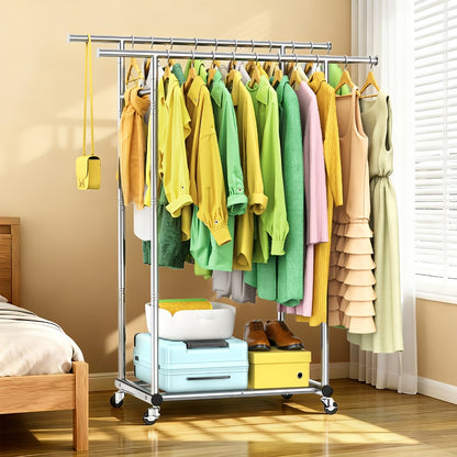 Portable Clothes Rack with Wheels – Heavy Duty Double Rod Garment Rack with Shelves & Hooks | Metal Rolling Clothing Rack for Hanging Clothes | Multi-Functional Closet Rack for Bedroom & Laundry Room