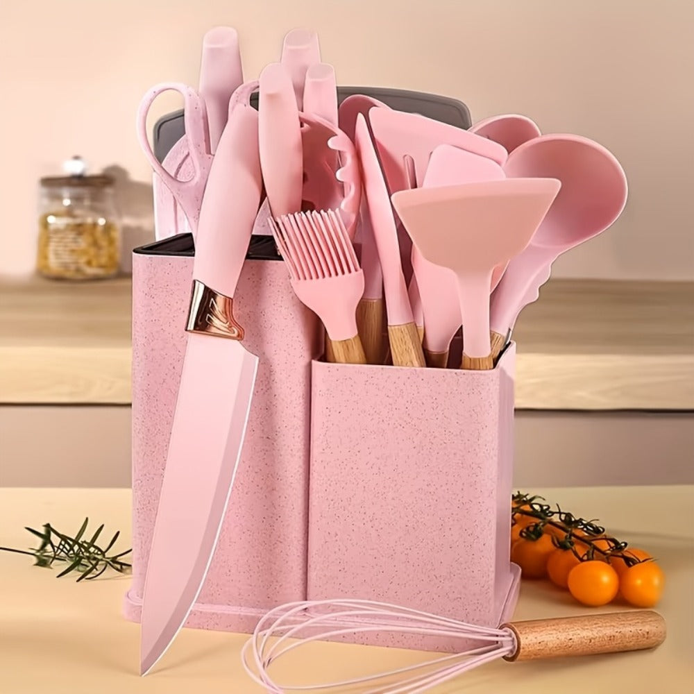 19-Piece Non-Stick Silicone Cookware Set with Bamboo Storage, Knives & Wooden Handle – Pots, Pans & Utensils for Induction & Oven