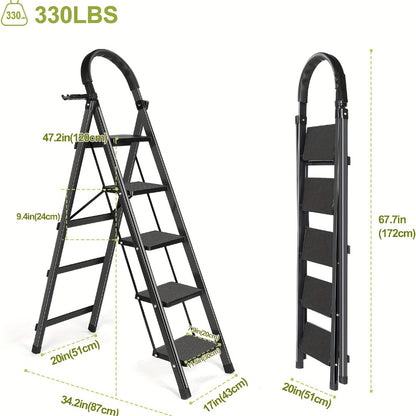 Folding Step Ladder 3 / 4 / 5 Step with Anti-Slip Pedal & Tool Tray – 450 LBS Capacity Portable Steel Step Stool for Adults, Home, Kitchen, Library & Office Use – Red & Black Options