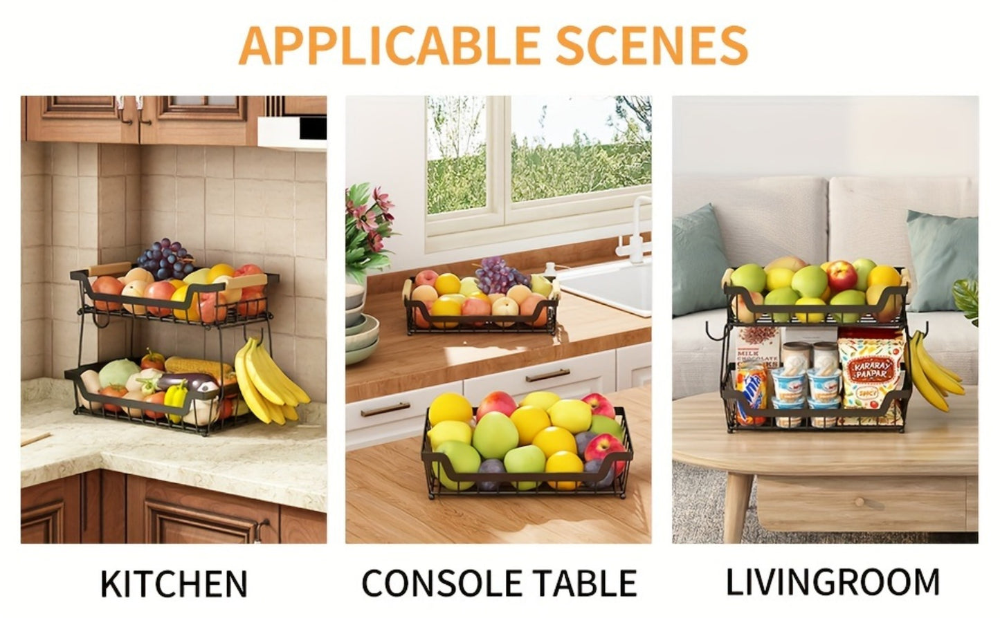 Fruit Basket with Banana Hanger, 2-3 Tier Metal Countertop Organizer with Wooden Handle — Detachable Kitchen Storage Stand for Fruits, Vegetables & Bread | Large Capacity | Black