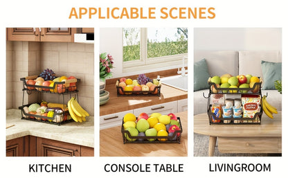 Fruit Basket with Banana Hanger, 2-3 Tier Metal Countertop Organizer with Wooden Handle — Detachable Kitchen Storage Stand for Fruits, Vegetables & Bread | Large Capacity | Black