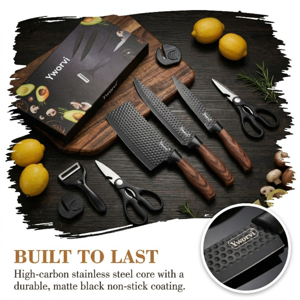 Chef Knife Set 7 Piece High Carbon Stainless Steel Ultra Sharp – Anti-Stick Ergonomic PP Handle, Includes Slicing Knife, Scraper, Scissors & Whetstone, Gift Box for Home, Family & Travel