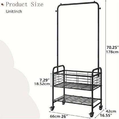 Rolling Laundry Basket with Wheels and Hanging Rack, Laundry Sorter Cart with Shelf and Locking Casters, Heavy Duty Steel Frame, Multifunctional Clothes Hamper for Laundry Room Bedroom Bathroom, White Black Silver