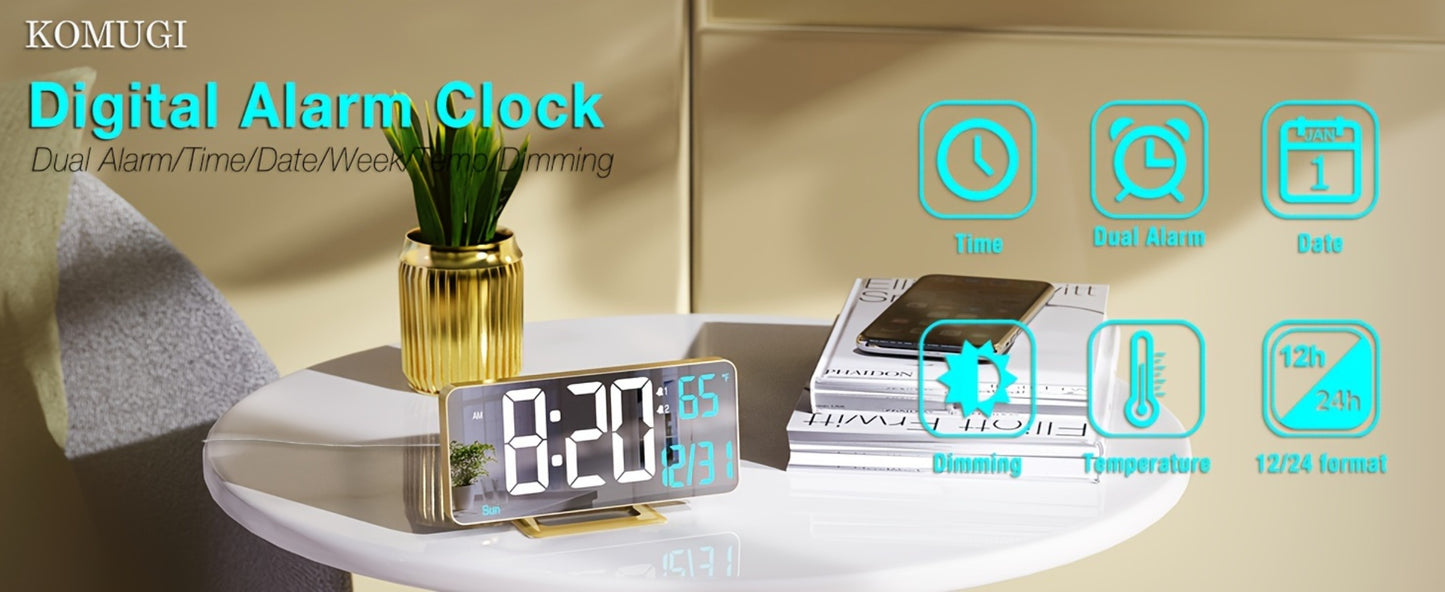 Large Digital Alarm Clock 6.7" with Dual Alarm & Dimmable LED Display – USB Powered Desk Clock with Temperature, Date & Day of Week | Modern Golden Bedside Clock for Bedroom, Living Room & Office