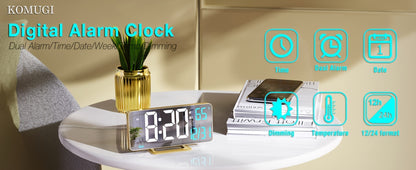 Large Digital Alarm Clock 6.7" with Dual Alarm & Dimmable LED Display – USB Powered Desk Clock with Temperature, Date & Day of Week | Modern Golden Bedside Clock for Bedroom, Living Room & Office