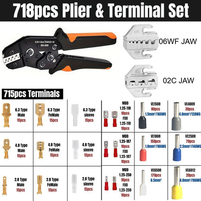 Wire Crimper Kit 718pcs SN-68B Ratchet Crimping Tool AWG28-16 with Replaceable Jaw & Assorted Terminals – Insulated Cable Connector Male Female Pair Electrical Wiring Set