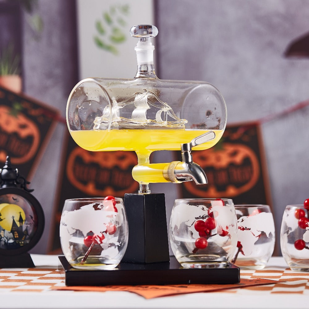 Wine Decanter Set with Glasses 44oz Boat-Shaped Glass Decanter 4 Wine Glasses Wooden Rack Unique Wine Gift Set for Home Bar Birthday