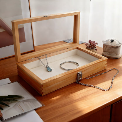 Lockable Wooden Display Storage Box with Acrylic Window – Jewelry & Collectibles Organizer Drawer Box, Elegant Wood Finish, Clear Viewing Panel, Gift Box
