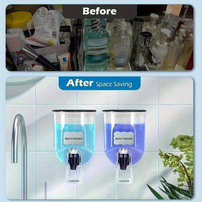 Mouthwash Dispenser Wall Mounted 2-Pack 21 oz Plastic Container - No Electricity Required, Space Saving Bathroom Organizer for Countertop Storage, Durable Refillable Liquid Soap & Rinse Dispenser
