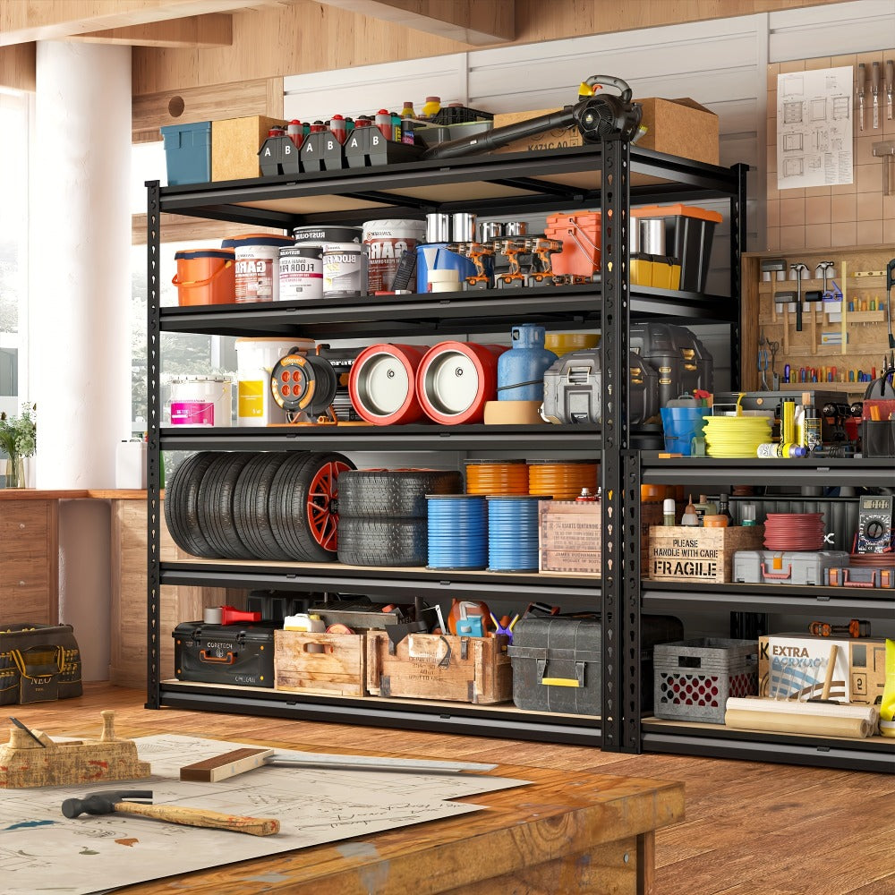 5-Tier Heavy Duty Garage Shelving Unit 2000LBS – Metal & Wood Storage Shelves, Adjustable Utility Rack for Garage, Basement, Pantry, Warehouse, Kitchen & Office, Tool-Free Assembly, Black