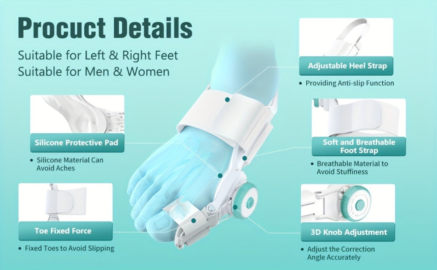 Bunion Corrector Big Toe Night Splint, Adjustable Hallux Valgus Brace with Knob & Heel Strap for Left & Right Foot, Toe Straightener for Men & Women – Relieves Bunion Pain & Corrects Toe Alignment (1pc)