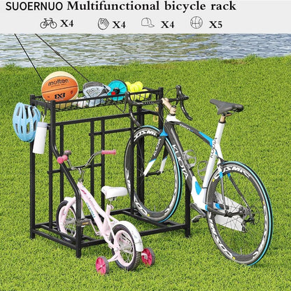 Freestanding Bike Storage Stand with Basket & Hooks – Adjustable Floor Rack for 3-4 Bikes, Indoor Outdoor Garage Organizer
