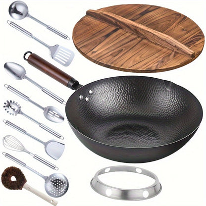 Carbon Steel Wok Pan 12.6 Inch with Lid & 10 Accessories – Uncoated Chinese Stir Fry Wok, Flat Bottom for Electric Induction Gas Stoves, 11-Piece Cookware Set