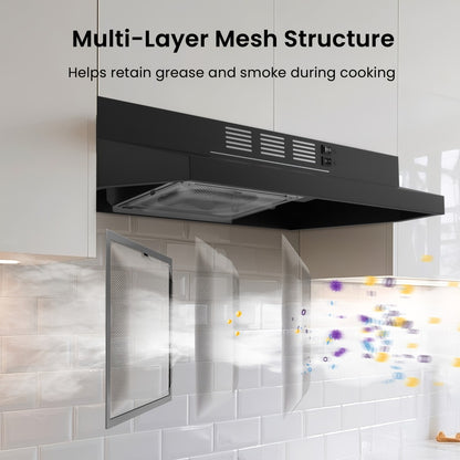 Range Hood 30 Inch Under Cabinet 350 CFM Ducted Ductless Convertible Kitchen Vent Hood with LED Light 2-Speed Exhaust Fan Stainless Steel Black White