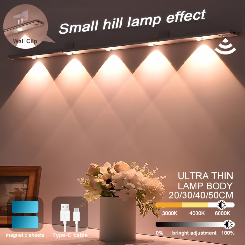 LED Sensor Strip Light USB Rechargeable – 3-Color Dimmable Motion Sensing Wireless Night Light for Kitchen, Wardrobe, Cabinet, Shoe Cabinet & Bedroom (20cm / 30cm / 40cm / 50cm)