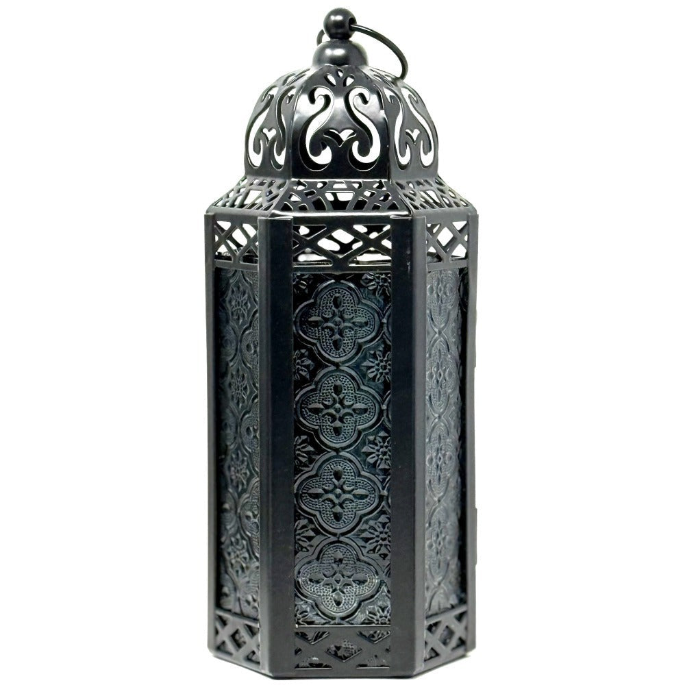 Moroccan Candle Lantern Holder - Decorative Metal & Glass Lantern with Embossed Floral Design for Indoor Home Decor, Garden, Patio, Weddings, Ramadan, Halloween & Holiday Celebrations - 10.5" Tall Medium Size