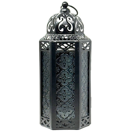 Moroccan Candle Lantern Holder - Decorative Metal & Glass Lantern with Embossed Floral Design for Indoor Home Decor, Garden, Patio, Weddings, Ramadan, Halloween & Holiday Celebrations - 10.5" Tall Medium Size