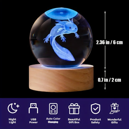 3D Axolotl Crystal Ball Night Light – USB Powered LED Colorful Gradient Glow Orb Atmosphere Lamp with Bamboo Base, Amphibian Figurine Desk Light for Home Decor, Bedroom, Kids Room & Unique Gift (2.36in)
