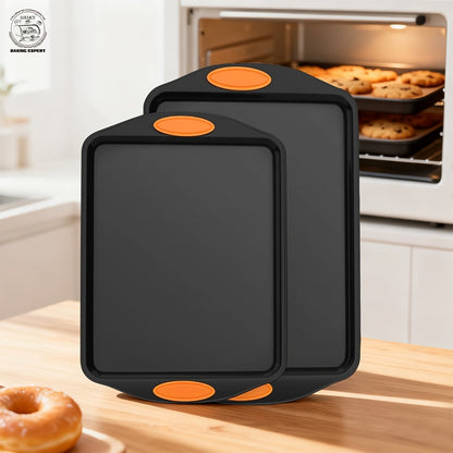 Nonstick Baking Sheet Set with Silicone Handles, Carbon Steel Cookie Sheet Pan Set in Assorted Sizes, Stackable Bakeware for Baking Roasting, Heavy Duty Oven Pans with Orange Handles, 2-Piece or 6-Piece
